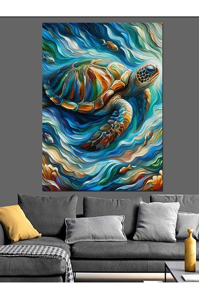Tablomega Sea Turtle Decorative Canvas Covered with Waves - Mdf Wooden Painting