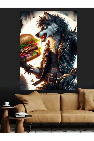 Tablomega Hamburger Wolf Decorative Canvas - Mdf Wooden Table