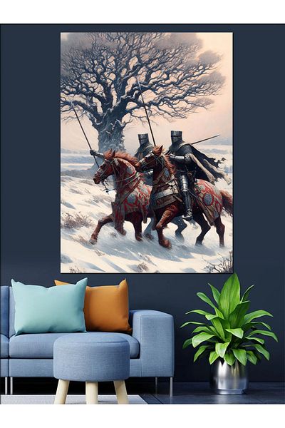 Tablomega Pânză decorativă Snowy Horse Warriors - Lemn MDF