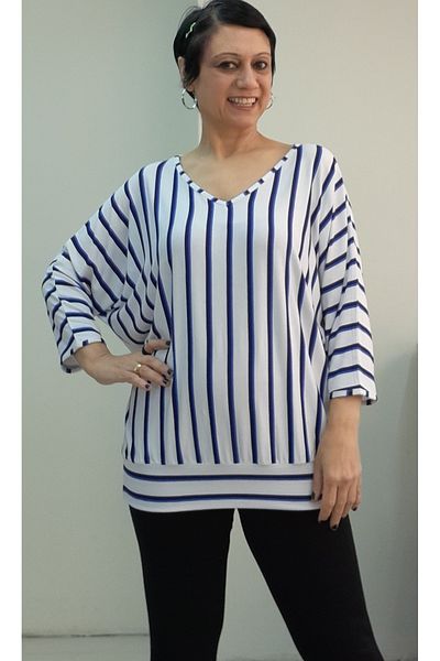 Mertcan Butik White Indigo Blue Navy Striped V-Neck Bat Three-Quarter Sleeve Combed Viscose T-Shirt