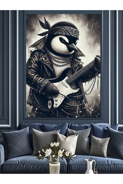 Tablomega Penguin Playing Guitar Decorative Canvas - Mdf Wooden Painting