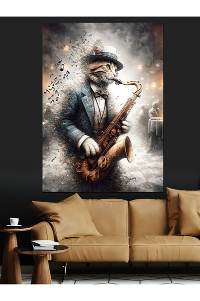 Tablomega Saxophonist Cat Decorative Canvas - Mdf Wooden Painting