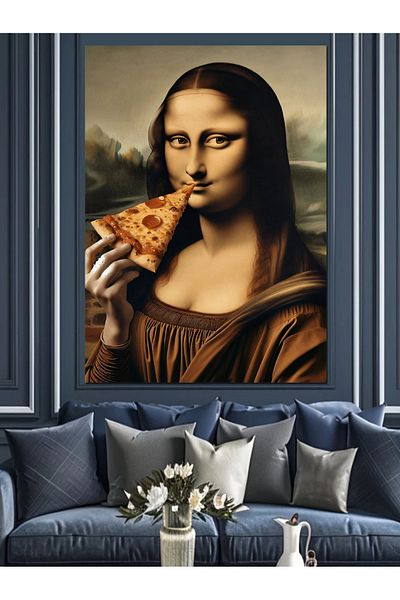 Tablomega Mona Lisa Eating Pizza Decorative Canvas - Mdf Wooden Painting