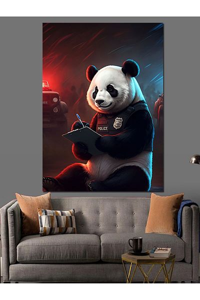 Tablomega Panda Decorative Canvas with Police Outfit - Mdf Wooden Painting