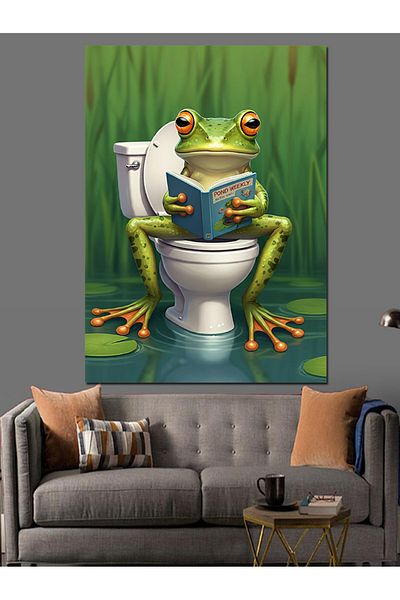 Tablomega Frog Reading a Book in the Toilet Decorative Canvas - Mdf Wooden Painting