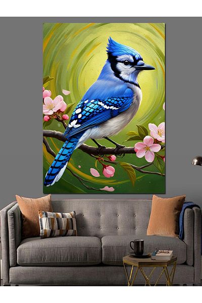 Tablomega Blue Cormorant on a Flower Branch Decorative Canvas - Mdf Wooden Painting