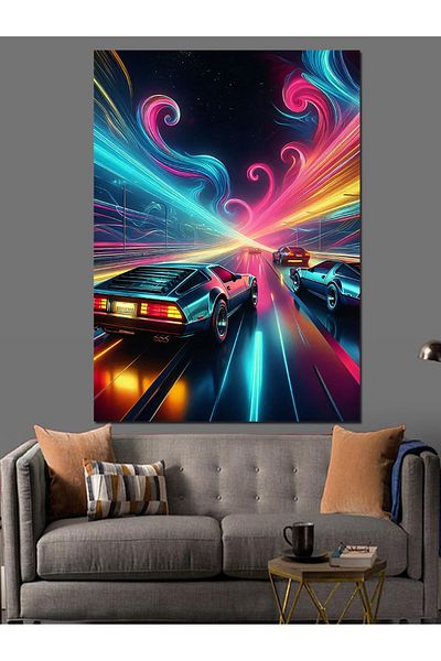 Tablomega Race Cars with Neon Lights Decorative Canvas - Mdf Wooden Painting