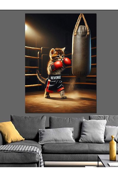 Tablomega Cat Hitting a Boxing Bag Decorative Canvas - Mdf Wooden Painting