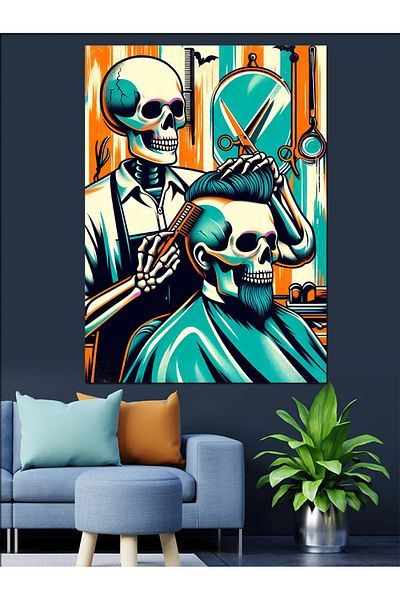 Tablomega Neon Barber Skeleton Decorative Canvas - Mdf Wooden Table