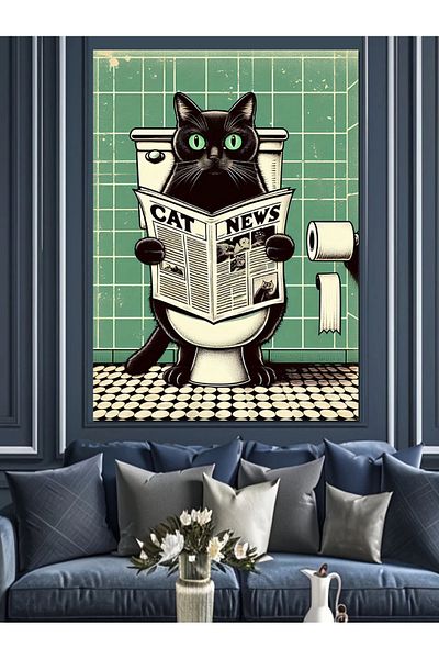Tablomega Cat Reading Newspaper in the Toilet Decorative Canvas - Mdf Wooden Painting