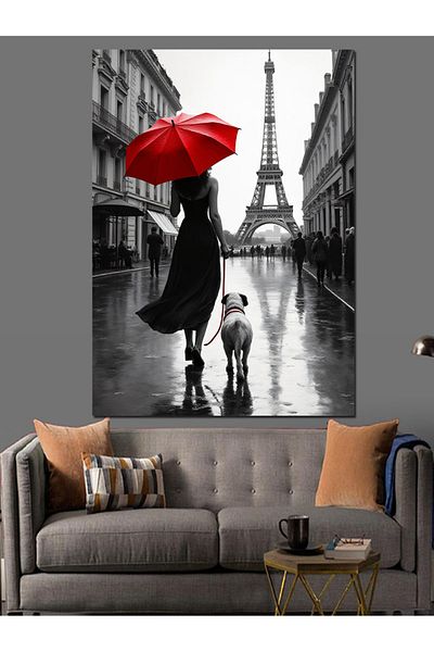Tablomega Woman with Red Umbrella in Paris Decorative Canvas - Mdf Wooden Painting