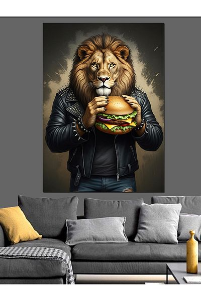 Tablomega Lion in Leather Jacket, Decorative Canvas with Hamburger - Mdf Wooden Painting