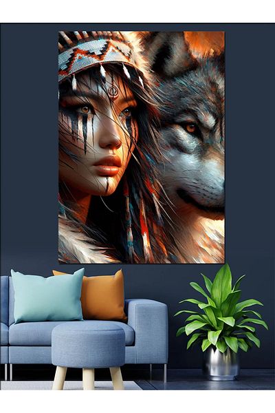 Tablomega Wolf and Native American Girl Decorative Canvas - Mdf Wooden Painting