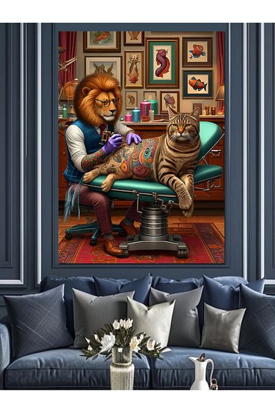 Tablomega Tattooist Lion and Cat Decorative Canvas - Mdf Wooden Painting
