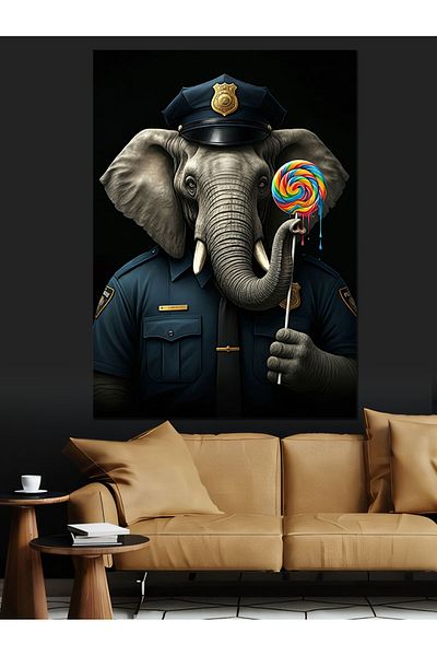 Tablomega Elephant Decorative Canvas in Police Uniform - Mdf Wooden Painting