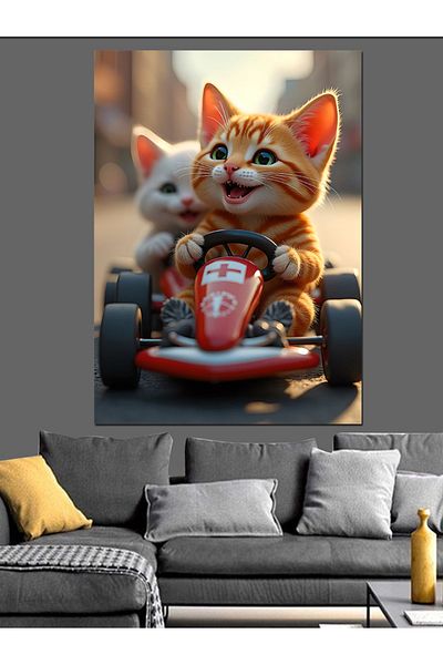 Tablomega Cat Driving a Go-Kart Decorative Canvas - Mdf Wooden Painting