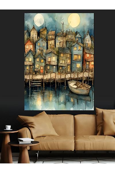 Tablomega Wooden Houses in Water Decorative Canvas - Mdf Wooden Painting