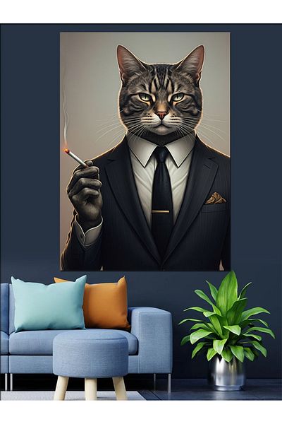 Tablomega Smoking Cat Decorative Canvas - Mdf Wooden Painting