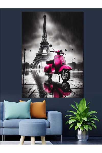 Tablomega Eiffel and Pink Vespa Decorative Canvas - Mdf Wooden Painting