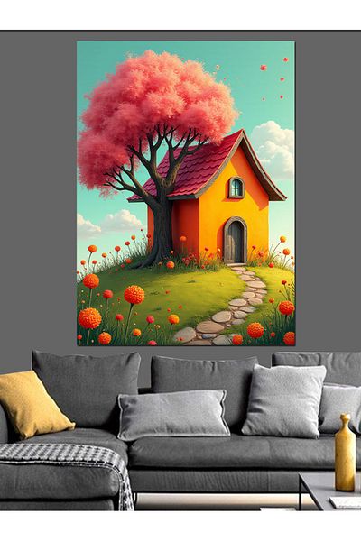 Tablomega Pink Tree and House Decorative Canvas - Mdf Wooden Painting