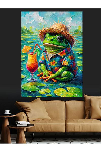 Tablomega Frog with Hawaiian Hat Decorative Canvas - Mdf Wooden Painting