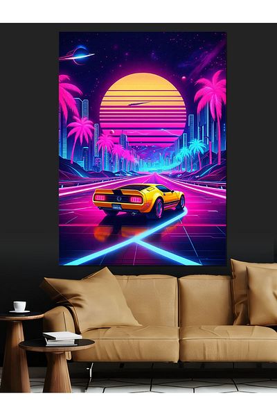 Tablomega Sports Car Decorative Canvas with Neon Sunset - Mdf Wooden Painting