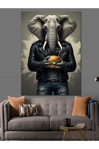 Tablomega Elephant Holding a Hamburger Decorative Canvas - Mdf Wooden Painting