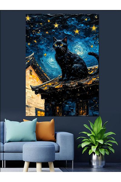 Tablomega Midnight Cat Decorative Canvas - Mdf Wooden Painting