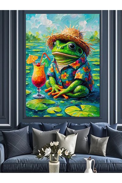 Tablomega Frog with Hawaiian Hat Decorative Canvas - Mdf Wooden Painting