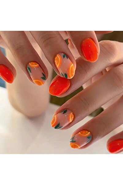 PİRAYE AKSESUAR 24'lü Portakal Dilimi Desenli Kısa Badem Turuncu Yaz Temalı J...