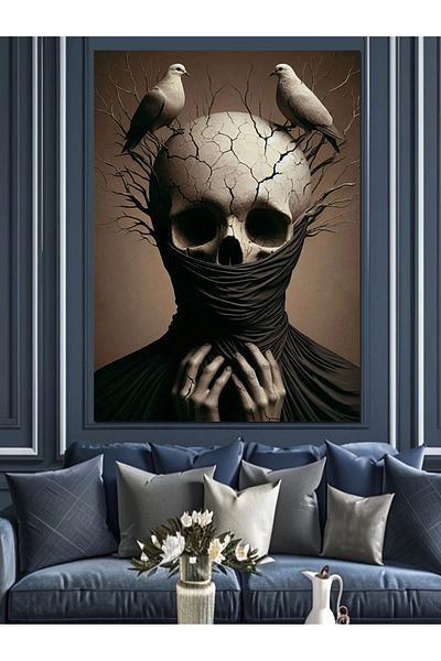Tablomega Skull with Birds on Its Head Decorative Canvas - Mdf Wooden Painting