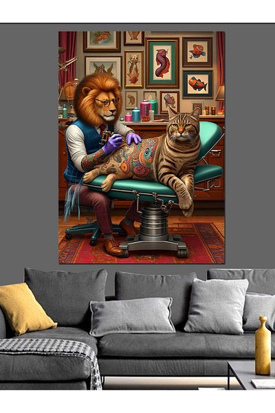 Tablomega Tattooist Lion and Cat Decorative Canvas - Mdf Wooden Painting