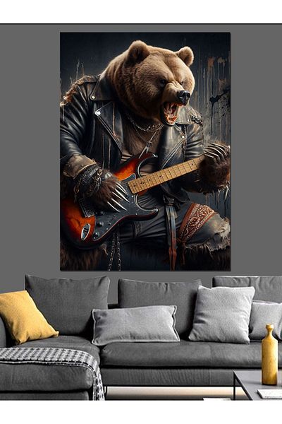 Tablomega Bear Playing Guitar in Leather Jacket Decorative Canvas - Mdf Wood Painting