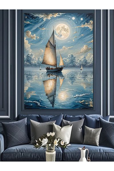 Tablomega Pânză Decorativă Barcă cu Pânze la Lună - Lemn MDF