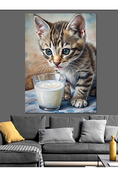 Tablomega Cat Kitten Drinking Milk Decorative Canvas - Mdf Wooden Painting