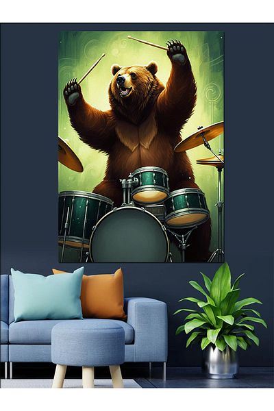 Tablomega Drum Playing Bear Decorative Canvas - Mdf Wooden Table
