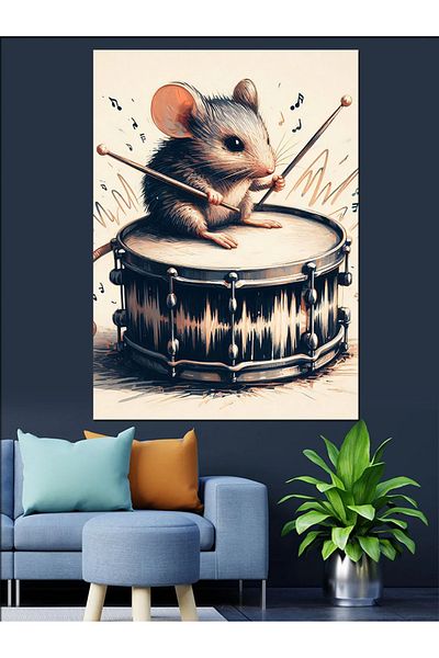 Tablomega Mouse Playing Drums Decorative Canvas - Mdf Wooden Painting