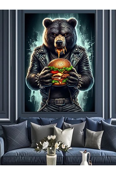Tablomega Bear Eating Hamburger in Leather Jacket Decorative Canvas - Mdf Wooden Painting