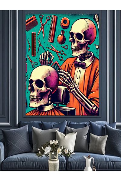 Tablomega Neon Skeleton Barber Decorative Canvas - Mdf Wooden Table