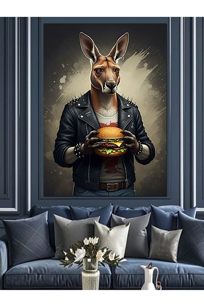 Tablomega Burgerli Kangaroo Decorative Canvas - Mdf Wooden Table