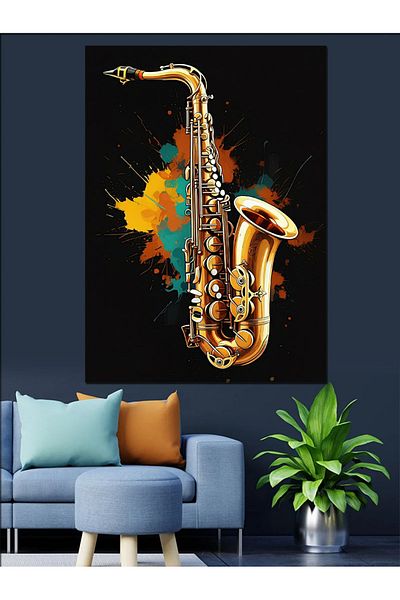 Tablomega Golden Saxophone Decorative Canvas - Mdf Wooden Painting