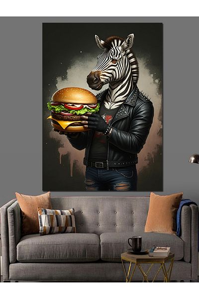 Tablomega Zebra Holding a Hamburger Decorative Canvas - Mdf Wooden Table
