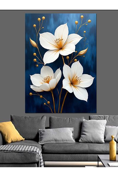 Tablomega White Flower Arrangement Decorative Canvas - Mdf Wooden Table