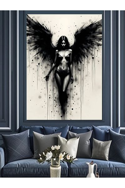 Tablomega Black Winged Angel Decorative Canvas - Mdf Wooden Painting