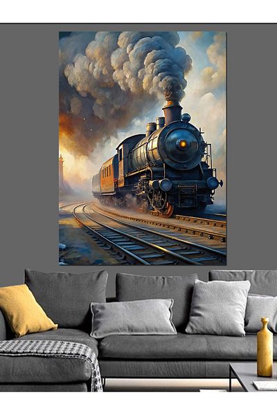 Tablomega Train in the Smoke Decorative Canvas - Mdf Wooden Painting