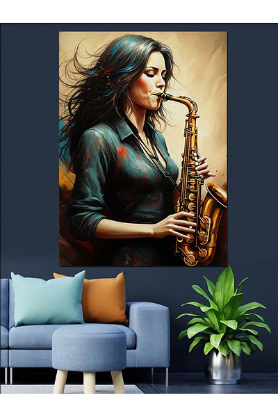Tablomega Woman Playing Saxophone Decorative Canvas - Mdf Wooden Painting