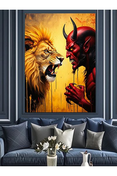 Tablomega Lion and Angry Demon Decorative Canvas - Mdf Wooden Painting