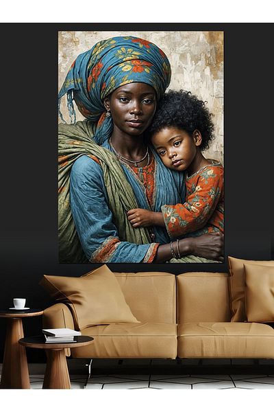 Tablomega African Patterned Woman and Child Decorative Canvas - Mdf Wooden Painting