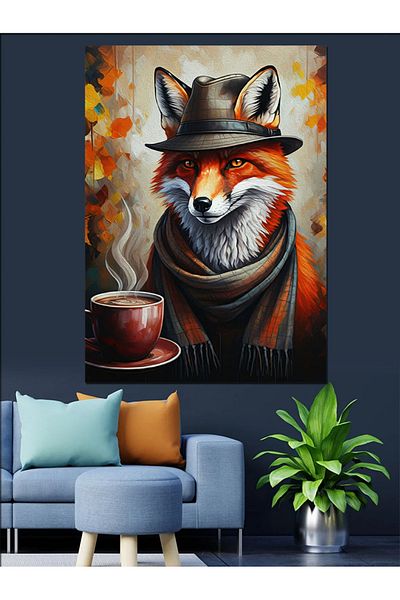 Tablomega Fox Drinking Coffee Decorative Canvas - Mdf Wooden Painting