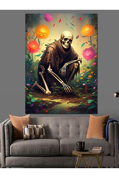 Tablomega Skeleton in Flowers Decorative Canvas - Mdf Wooden Painting